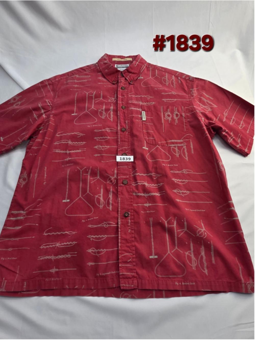 Men's Columbia Casual Button Down Shirt, Size Large, Red Fishing Knots #1839